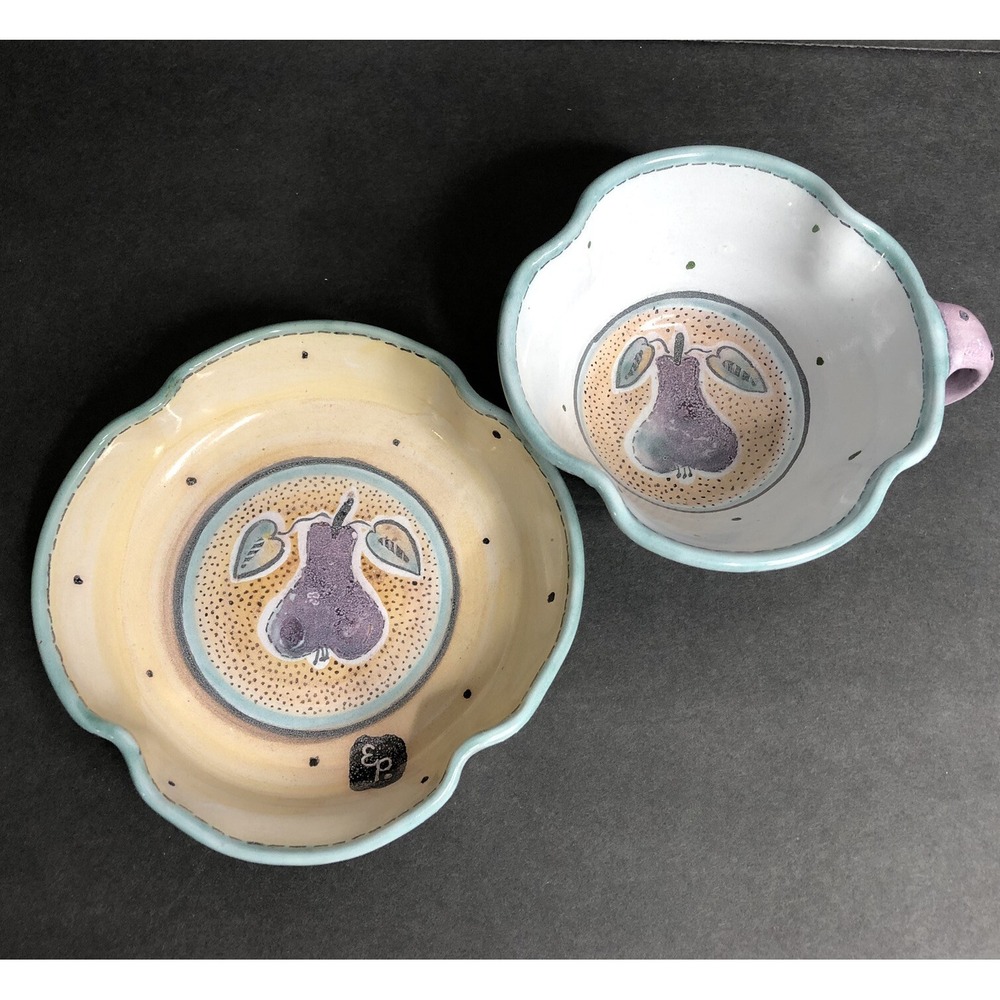 Studio Art Pottery Cup and Saucer Set Purple Pear Fruit Green Border Signed EP